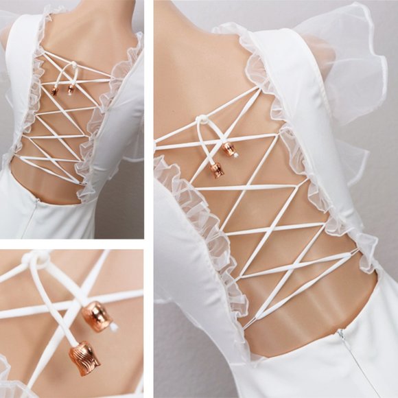 White Sheer Organza Ruffle Laced Up Backless Dress - Picture 6 of 8